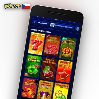 Koláž tří slot her v Wonaco Casino aplikaci s logem a živými stoly v mobilu