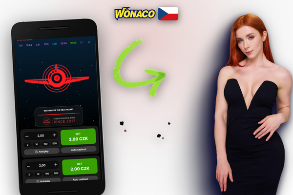 Herní rozhraní Aviator game ve Wonaco Casino s panelem sázek a tlačítkem výběru