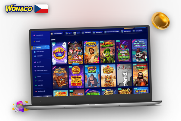 Přehledné tmavé rozhraní Wonaco Casino na počítači s kategoriemi her a pokladnou