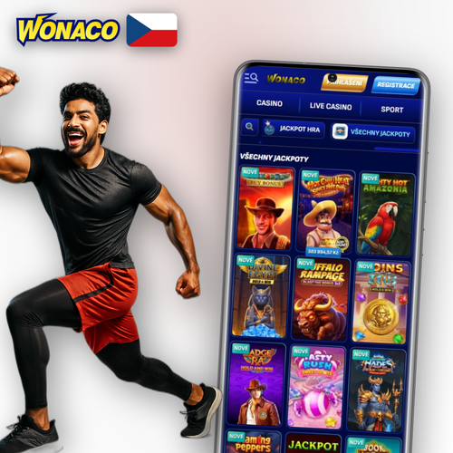 Wonaco Casino app na mobilním telefonu – úvodní obrazovka s logy Android a iOS