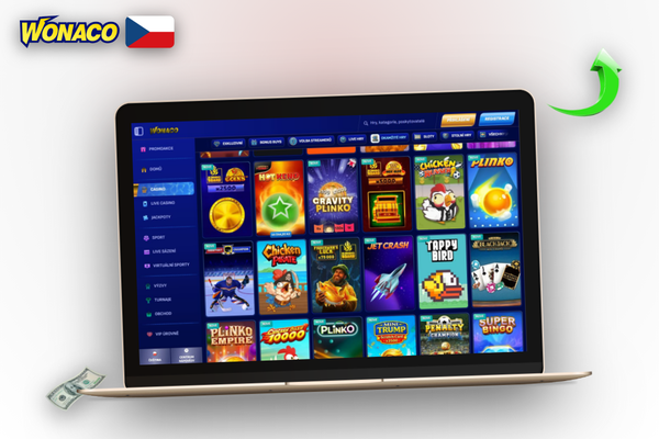 Notebook, mobil a prohlížeč se synchronizovaným účtem Wonaco Casino na počítači