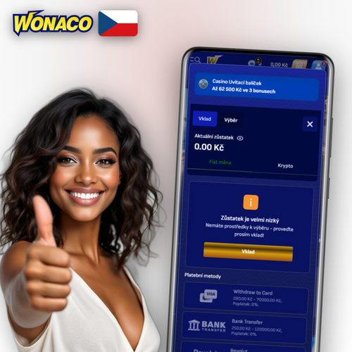 Wonaco Casino výběr peněz — peněženka s korunami, Visa, Skrill a Bitcoin