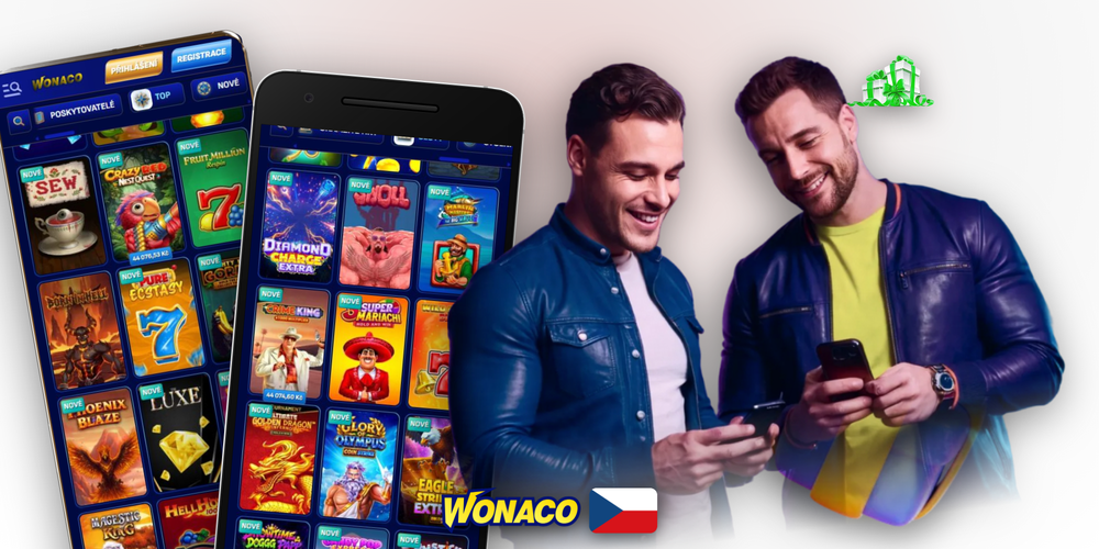 Dva mobilní telefony s Wonaco app – sloty a živé sportovní sázení vedle sebe